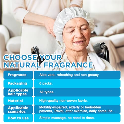 OK TAPE No Water Shampoo Cap (6 Packs), Microwaveable Rinse Free for Bedridden Patients or Elderly, Waterless Shampoo and Condition Hair, Aloe Vera Fragrance