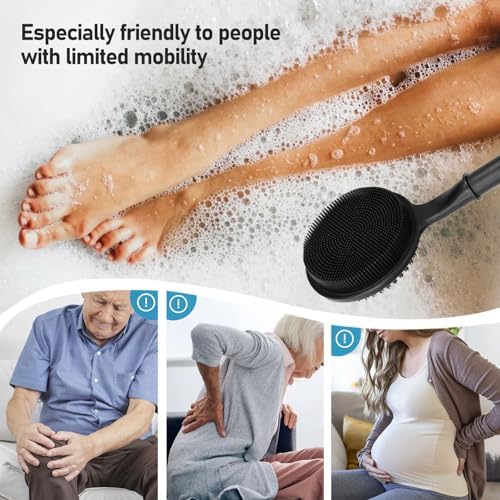 24 Inches Adjustable Bath Brush Long Handle for Shower，Dual-Sided Silicone Back Scrubber for Shower Exfoliating & Massage - Perfect for Elderly, Disabled, Limited Arm Movement (Black)