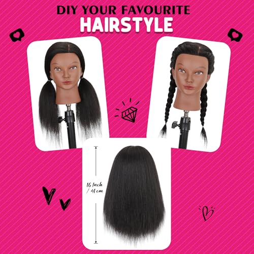 Mannequin Head with Human Hair 16" Cosmetology Manikin Doll Head 100% Real Human Hair for Styling Hairdresser Practice Braiding with Free Clamp Holder