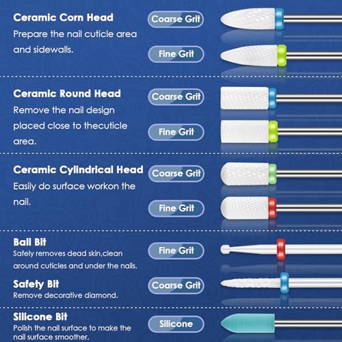 21pcs Nail Drill Bits Sets with Nail Drill Holder Case, 3/32 Inch Cuticle Electric Nail File & Ceramic Acrylic Gel Nail Bit Kit, Carbide Cuticle Remover Bits for Manicure Pedicure, Home Salon
