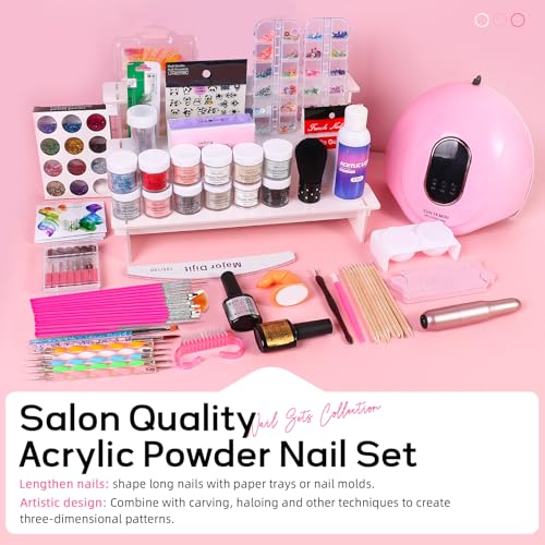 Major Dijit Acrylic Nail Kit with LED Lamp & Electric Drill - 12 Colors Acrylic Powder Monomer, Base/Top Coat, Tips/Glitter/Nail Charms | Nail Kit for Beginners with Everything