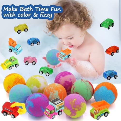 Bath Bombs for Kids with Toys Inside, 9 Pack Handmde Bath Bombs Set with Pull-Back Cars Inside, Rich Foam Color Bubble Set Boys Girls for Skin Moisturizing