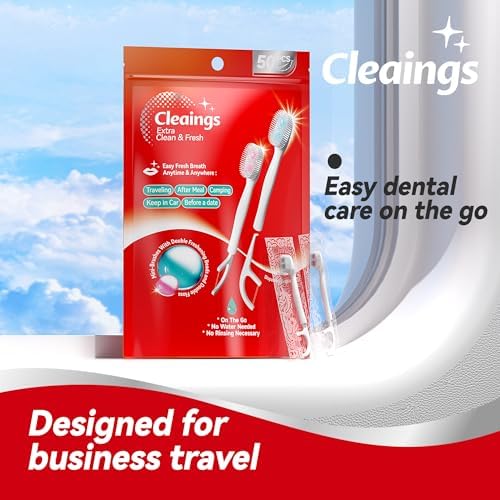 cleaings® Disposable Toothbrushes with Double Cleaning Beads Toothpaste and Clean Floss Picks for Work or Travel - 50 pcs-Mint Flavor（Pack of 1）