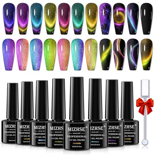 MIZHSE 8 Colors 9D Cat Eye Gel Nail Polish, Upgraded Magnetic Gel Polish Kit with Magnet Stick, Galaxy Chameleon Effect Silky Cat Eye Nail Polish Soak Off Nail Art Salon Manicure Home Ladies Gift