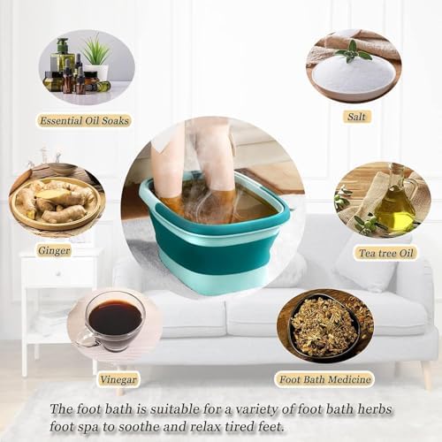 Collapsible Foot Spa Bath Massager for Dry Cracked Feet, Feet Soaking Tub with Massage Acupoint, Pedicure Foot Soak Basin Plastic Bucket with Handle(Green)