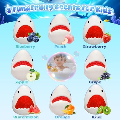 Shark Bath Bombs for Kids, 8 Surprise Bath Bombs with Sea Aninmals Inside & 4 Suction Cup Toys Outside, Natural Handmade Bubble Bath Ball Gift for Boys Girls Birthday Christmas