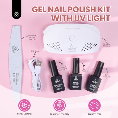 Beetles White Gel Nail Polish Kit with U V Light, 5 Pcs Gel Polish Starter Kit with Base & Top Coat and Nail File for Beginners Soak Off White DIY Art Set Manicure Gifts for Women Girls Teens