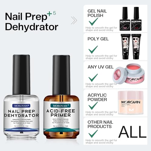 Morovan Nail Prep Dehydrator and Primer, Natural 4 PCS Dehydrator & Acid-Free Bond Primer for Acrylic Powder U V Extension Gel Nail Supplies Set
