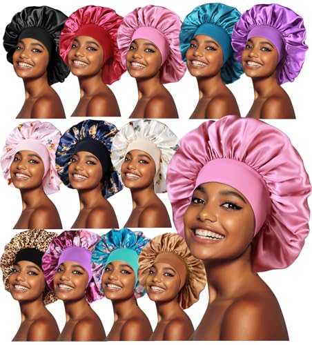 12pcs Large Satin Bonnets for Sleeping, Silky Hair Bonnet for Black Women Braid Curly Hair