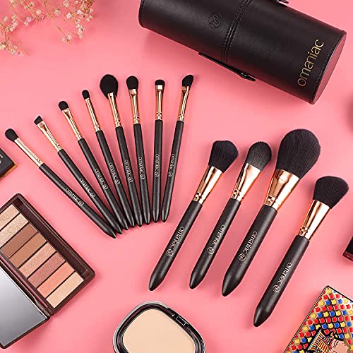 OMANIAC Makeup Brush Set Professional, 12 Pearlescent Wood Handle Makeup Brushes, Premium Cruelty-Free Synthetic Fiber Hair, Travel Make up Brushes Set with Case (Black).