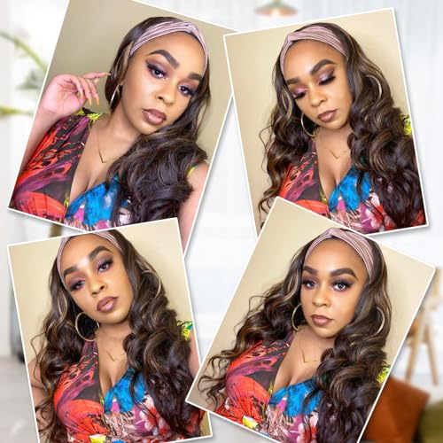 xccoco Long Wavy Headband Wig for Women Black Wigs with Brown Blonde Highlight 200% Denisty Headband Wigs Put On and Go Glueless Wig Long Synthetic Wig for Women Party Daliy Use