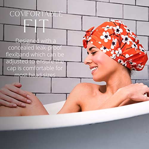 GRACE & COMPANY Luxury Shower Cap For Women - 100% Waterproof, Reusable, Washable & Breathable Shower Caps - Clementine