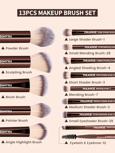 MAANGE 13 PCS Makeup Brushes Professional Make Up Brushes Premium Synthetic Powder Concealers Brushes Travel Makeup Brush Set with Case (Coffee)