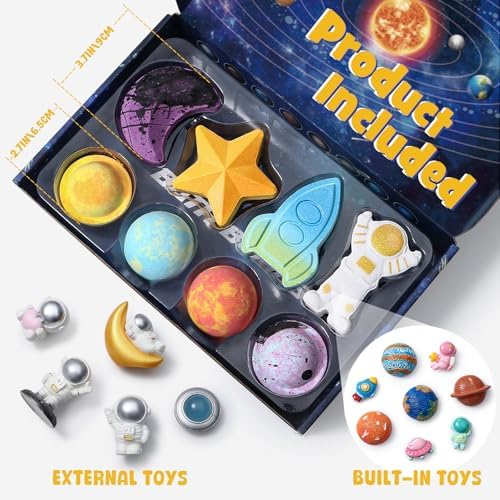 Space Bath Bombs for Kids with Surprise Inside, 8 Pack Kids Galaxy Bath Bombs with Space Toys for Toddler Boys Girls Handemade Rainbow Bubble Bath Fizzies Birthday Christmas Gift Set