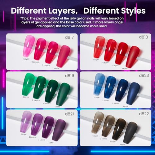 beetles Gel Polish 6 Colors Jelly Gel Nail Polish, Pink Red Black Blue Green Purple Sheer Jelly Gel Polish Translucent Effect Nail Concealer Spring Summer Gel Soak Off UV Manicure Gift for Women