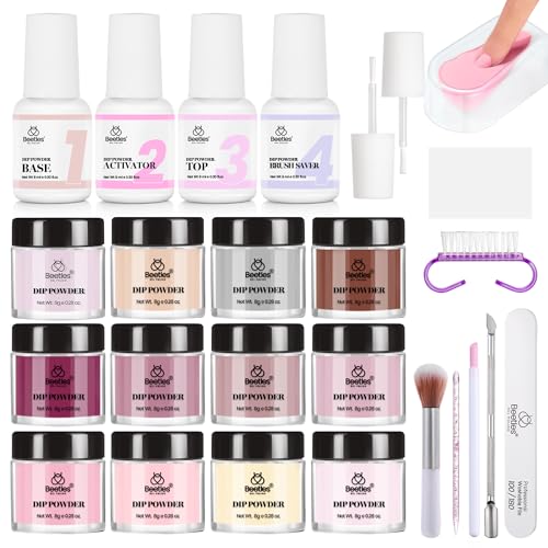 Beetles 36Pcs Dip Powder Nail Kit Starter, 20 Colors Nude Pink Yellow Gray Glitter Burgundy Dipping Powder Set with Base Top Coat Activator Brush Saver for Nail Art Manicure Graceful Lady Collection