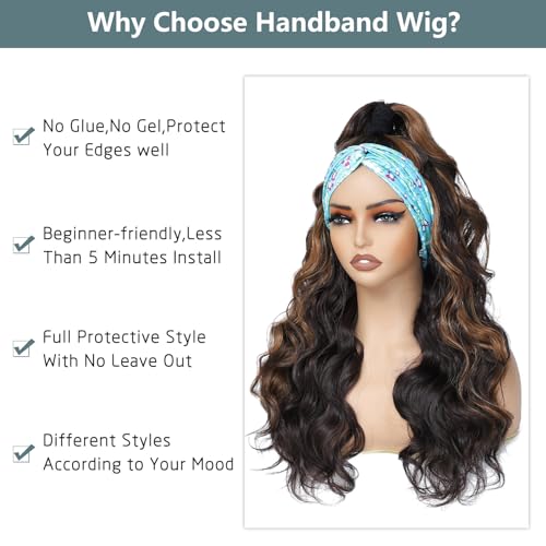 xccoco Long Wavy Headband Wig for Women Black Wigs with Brown Blonde Highlight 200% Denisty Headband Wigs Put On and Go Glueless Wig Long Synthetic Wig for Women Party Daliy Use