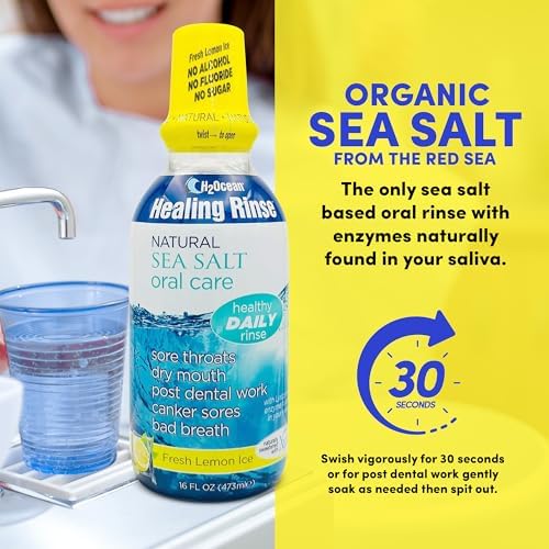 2 Pack H2Ocean Healing Rinse Mouthwash- Great Tasting Sea Salt & Xylitol Mouth Wash for Fresh Breath & Dry Mouth - Alcohol & Fluoride Free - Lemon Ice 16oz