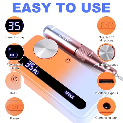 MEKK Nail Drill,35000RPM Cordless Nail Drill Professional Electric Nail File with 12PCS Bits,Anti-Shaking Rechargeable E File Kit for Acrylic Nails,Home & Salon(Orange Blue)