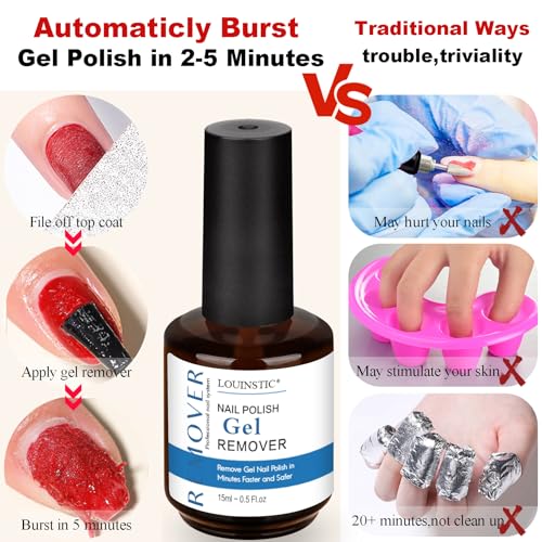Gel Nail Polish Remover-2pcs with Nail Steel Pusher, Scraper and 2 Pieces Nail File, Quickly Remove Gel Polish in 2-5 Minutes at Home, No Need to Wrap and Soak