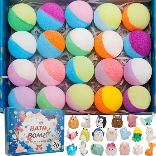 20 Pack Bath Bombs for Kids with Surprise Inside Bubble Bath Toys Organic Natural Bath Bombs Set Stocking Stuffers Birthday Christmas Gifts for Kids 3 4 5 6 7 8 Years Old Boys Toddlers Girls