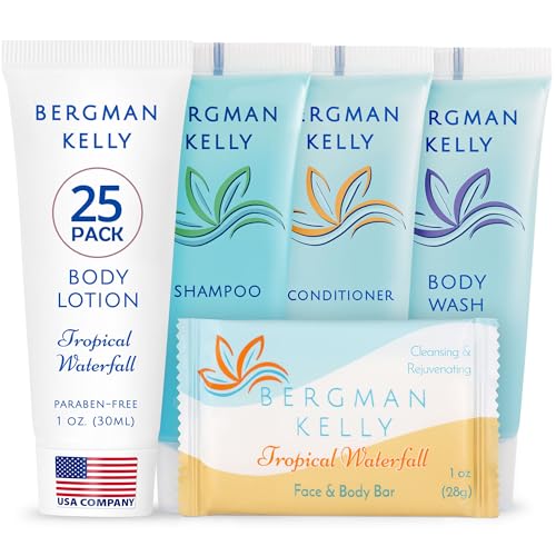 BERGMAN KELLY - Hotel Toiletries Bundle - Tropical Waterfall, 1 oz ea, 125 Pieces - 5-Piece Set: 25 ea Rectangular Bar Soap, Shampoo, Conditioner, Body Lotion & Body Wash - Bulk Mini Guest Amenities