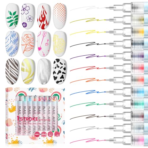 SAVILAND Nail Art Pens Set: 12 Colors 0.5MM 3D Nail Polish Pens Quick Drying Acrylic Paint Nail Art Markers Nail Point Graffiti Dotting Tools Drawing Painting Liner Nail Art Design Pens Home DIY