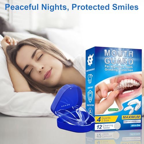 Mouth Guard for Grinding Teeth at Night - Custom Moldable Dental Guard for Teeth Clenching and Bruxism Relief, BPA-Free Night Guard with Cleaning Tablets, 4 Packs, 2 Sizes