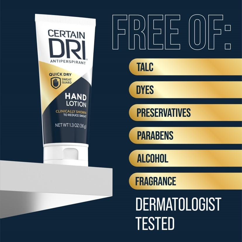 CERTAIN DRI Antiperspirant Hand Lotion – 24-Hour Sweat Protection for Excessive Sweating & Palmar Hyperhidrosis – Fast-Drying, Non-Greasy, Fragrance-Free Formula – Dermatologist-Tested, (1.3 oz)