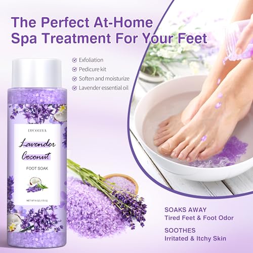 Lavender Foot Soak Set - Salts, Foot File, Scrub & Urea Cream Pedicure Supplies for Dry, Cracked Feet - Women's Spa Kit