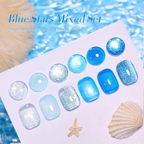 Born Pretty Gel Nail Polish Blue Series,Jelly Transparent,Cat Magnetic Eye,Shimmer Glitter Holographic Blue Gel Polish Kit for Salon Manicure and Nail Art DIY at Home 6Colors