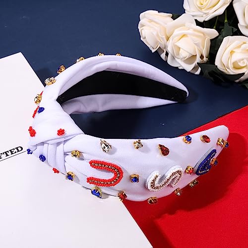 MOLOCH USA Headband 4th of July Red White Blue USA Stripe Knotted Headband for Women Rhinestone Crystal Patriotic Hairband Party Hair Accessory