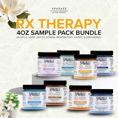 Spazazz RX Therapy Hot Tub Spa and Bath Aromatherapy Salt Crystals 4oz 8 Pack Sample Bundle Includes Muscle - Joint - Detox - Stress - Respiratory - Sport -Sleep - Energy. Great for Muscles & Joints
