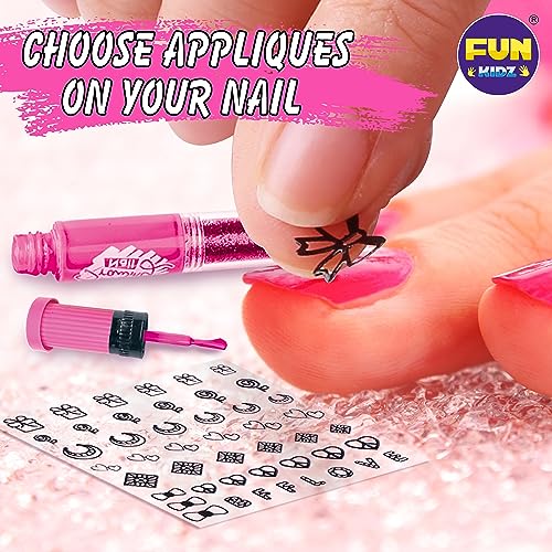 Craft Nail Pens Kit for Kids Ages 7-12, FunKidz Nail Set with Nail Polish Glitter Sticker Temporary Makeup Nails Kit for Girl Teens Party Activities Gifts