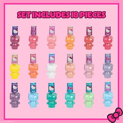 Hello Kitty Non-Toxic Peel-Off Water-Based Safe Quick Dry Nail Polish Set for Girl Kids Ages 3+, Perfect for Birthday Gift Parties, Sleepovers & Makeovers, 18 Pcs
