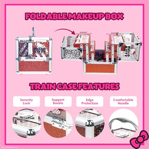 Hello Kitty - Townley Girl Train Case Cosmetic Makeup Set Includes Lip Gloss, Eye Shimmer, Nail Polish, Hair Accessories & More! For Girls, Ages 6+ Perfect for Parties & Makeovers