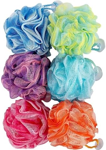Bath Loofah Set, Pack of 6 Shower Body Sponges with Suction Cups for Men and Women, Exfoliating Pouf Bath Accessories, Multicolor