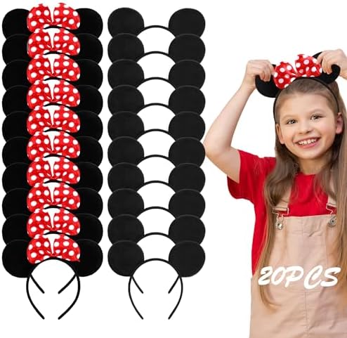 Lucky Will 20 Pack Mouse Ears Headband Classic Solid Black and Red Bow Ears Headbands Bulk for Kids and Adults - Boys & Girls Mouse Themed Birthday Party Supplies