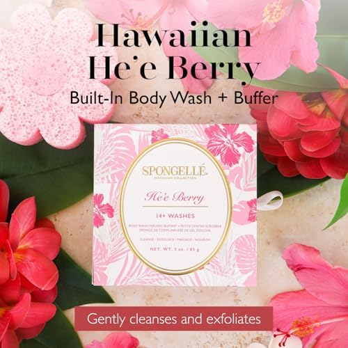 Spongellé He'e Berry Hawaiian Buffer | Body Wash Infused Sponge with Awapuhi & Kukui Nut Oil | Exfoliates & Hydrates | 14+ Uses