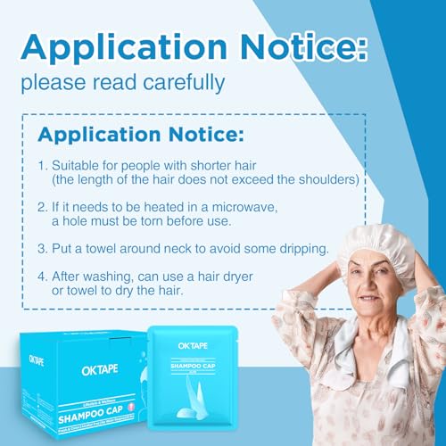 OK TAPE No Water Shampoo Cap (6 Packs), Microwaveable Rinse Free for Bedridden Patients or Elderly, Waterless Shampoo and Condition Hair, Aloe Vera Fragrance
