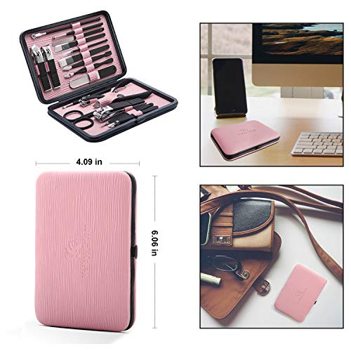Manicure Set Professional Nail Clippers Kit Pedicure Care Tools- Stainless Steel Women Grooming Kit 18Pcs for Travel or Home (Pink)