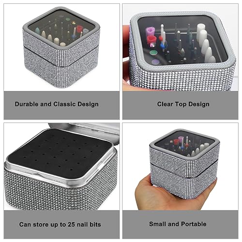 Nail Drill Bits Holder Rhinestone Case Box- 25 Holes Dustproof Portable Storage Box Efile Nail Bits Displayer Organizer Container for Manicure Tools