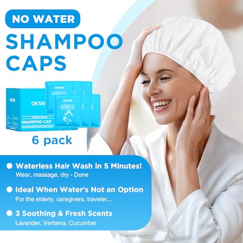 OK TAPE No Water Shampoo Caps (6 Pack) 3 Scents, Rinse Free Shower Cap for Elderly, After Surgery, Camping, Shampoo and Conditioner Hair Wash Cap (Lavender, Verbena and Cucumber Scents)