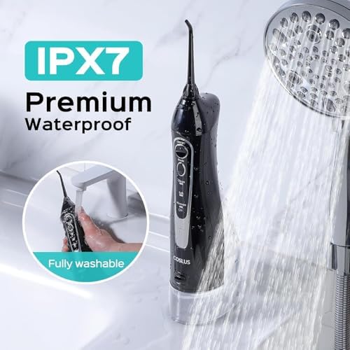 COSLUS Water Flosser Dental Pick: 300ML Oral Irrigator for Teeth Cleaning, Orthodontic, Braces & Sensitive Gums, Cordless Portable for Travel, IPX7 Waterproof, for Adults Teens Family Use, with 4 Tips