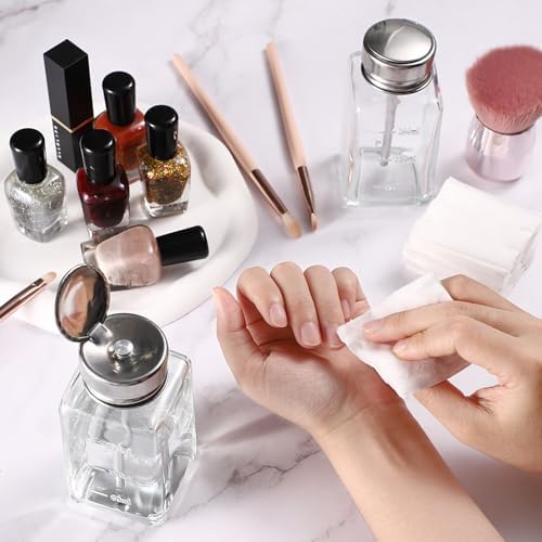 Noverlife 2PCS 6Oz / 180ml Clear Pump Dispenser Bottle, Square Glass Push Down Liquid Dispensers, Nail Polish Remover Hand Pumping Press Container with Flip Top Cap Refillable Push Down Pump Dispenser