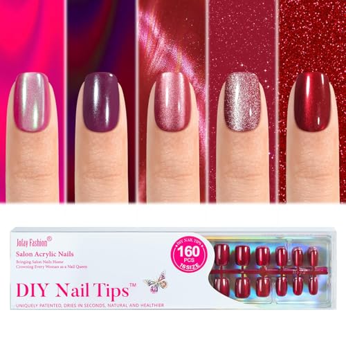 Cat Eye Press on Nails Red - 5 Styles Red Press on Nails Short Square, Soft Gel x Coat Nails False Nails, Bt Art Box Press On Nails in 16 Sizes -160 PCS Soft Gel Fake Nails Kit