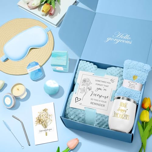 Happy Birthday Gifts for Women Mom Her Friend Sister Wife Grandma, Self Care Gifts Get Well Gifts Unique Relaxing Spa Gift Basket Set, Christmas Gifts for Women Mom Grandma (Blue)