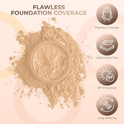 4pc Full Size Kit (Warm Shade) Mineral Makeup Matte Translucent Loose Foundation + Kabuki Brush + Concealer + Finishing Setting Powder + Bare Face Full Coverage SPF 30 All Skin Types Waterproof