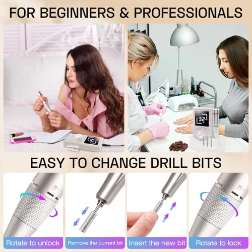 Electric Nail Drill File Machine: Professional 45000RPM Cordless Nail Tool with Stepless Speed Knob for Acrylic Gel Dip Powder Nails, Portable Manicure Pedicure Kit for Home Salon Use
