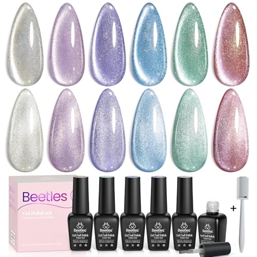 Beetles Cat Eye Gel Nail Polish, 6 Colors Glitter Gel Polish Kit Silver Pink Blue Purple Red Green Velvet Set with Magnet Soak Off UV French Nail Art Romantic Galaxy Series Gift for Women